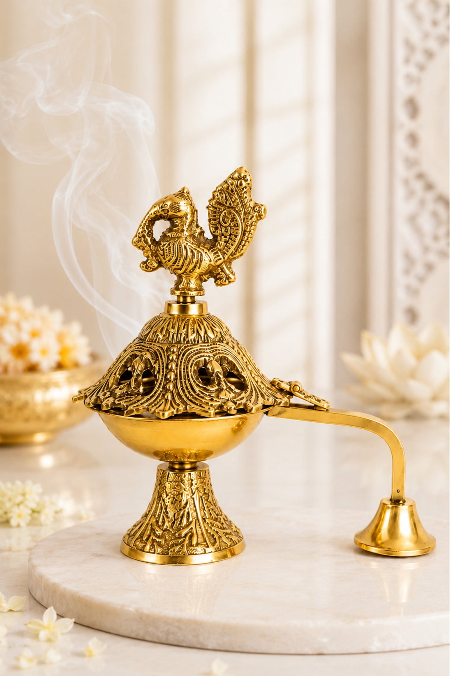 premium peacock brass incense burner with handle handcrafted brass dhoop dani for sambrani loban dhoop cups resin incense decorative pooja dhuni burner for home temple
