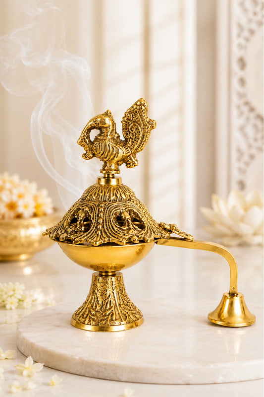 premium peacock brass incense burner with handle handcrafted brass dhoop dani for sambrani loban dhoop cups resin incense decorative pooja dhuni burner for home temple