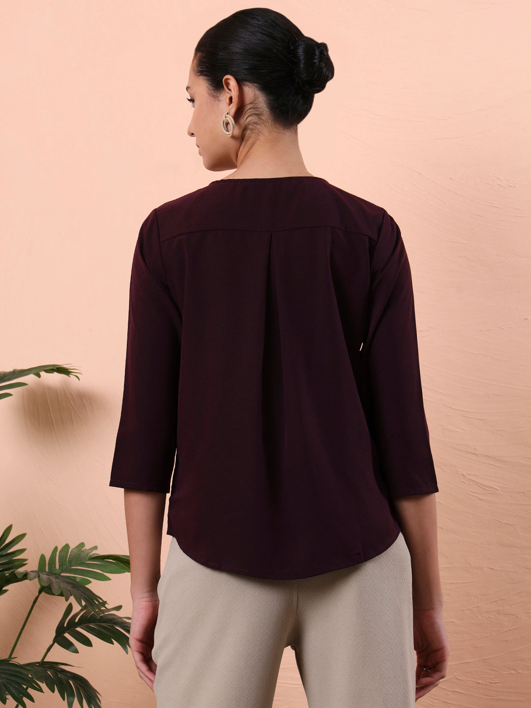 women smart mandarin collar solid polyester shirt