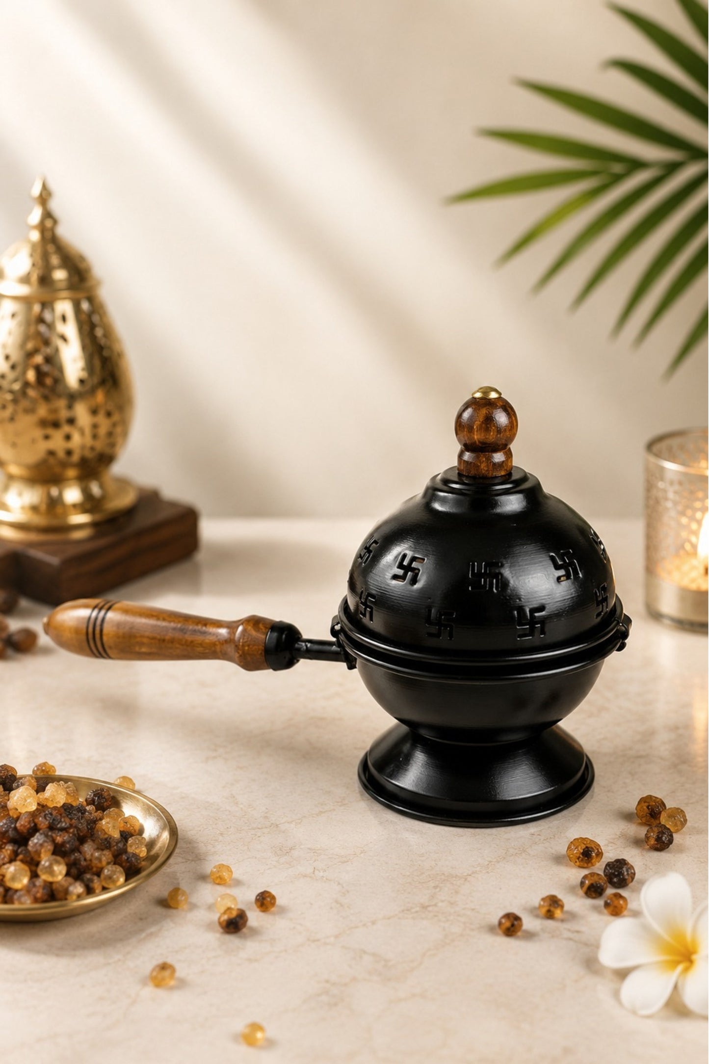 premium metal loban burner with wooden handle 3 free loban cups heat resistant incense burner for loban dhoop sambrani cups bakhoor camphor home temple meditation pooja decor