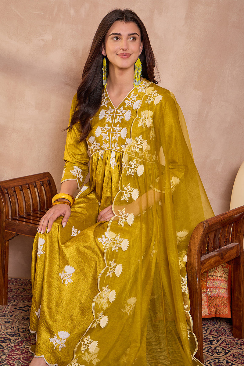 mustard silk blend solid embroidered a line kurta trouser with dupatta 