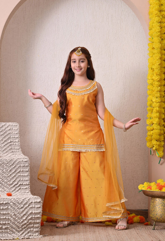 Indi Loom Couture Girls Mustard Embellished Kurta with Sharara & Dupatta Set ILKSD52