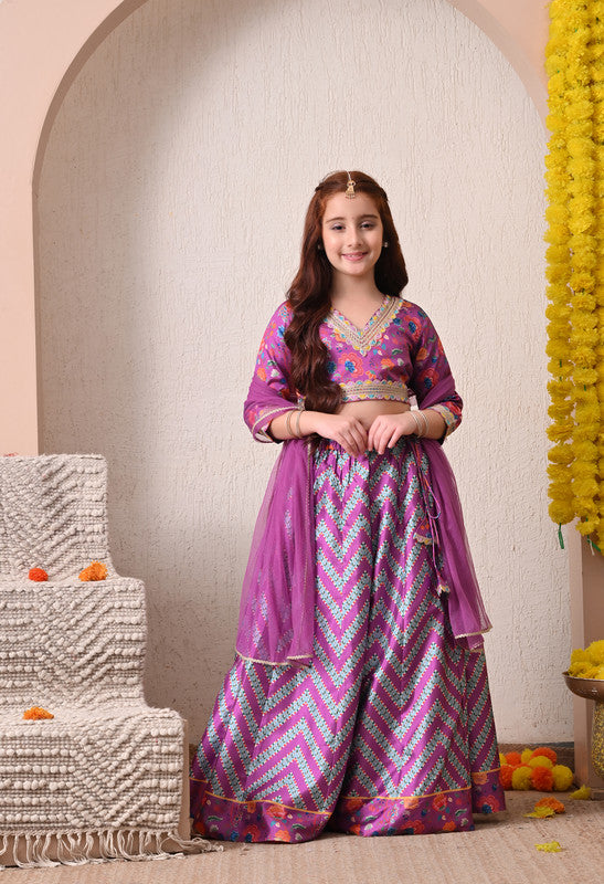Indi Loom Couture Girls Purple Printed Lehenga Choli with Dupatta ILLCD31