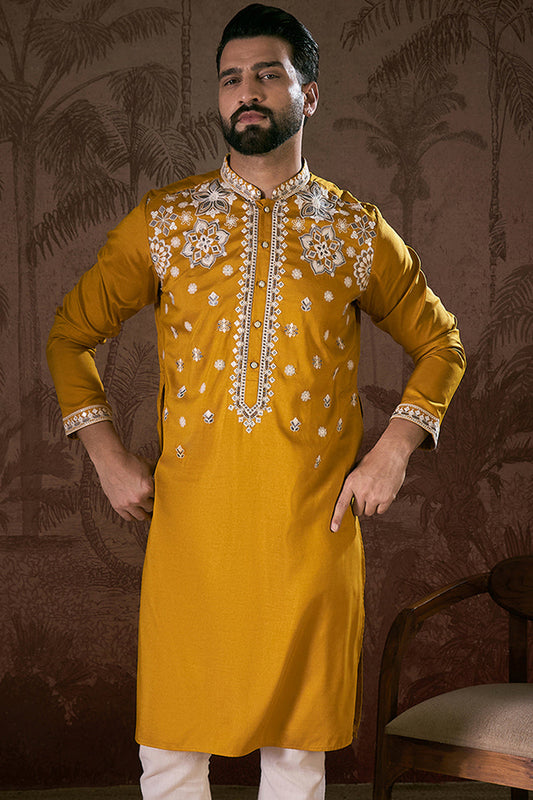 Mustard Silk Blend Solid Embroidered Straight Kurta With Trouser MKSET1796