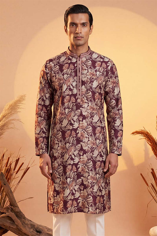 Mens Purple Viscose Rayon Floral Printed Kurta MKU1981