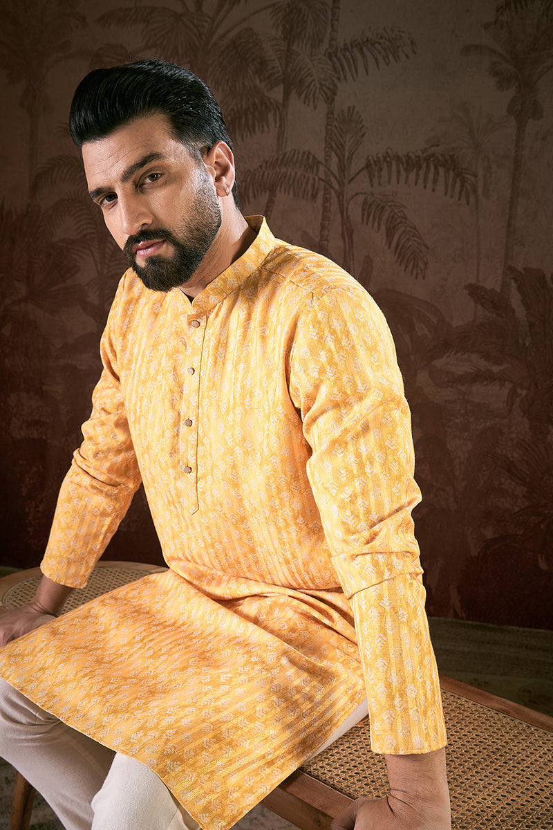 Yellow Silk Blend Ethnic Motifs Printed Straight Kurta With Trouser MKSET1949