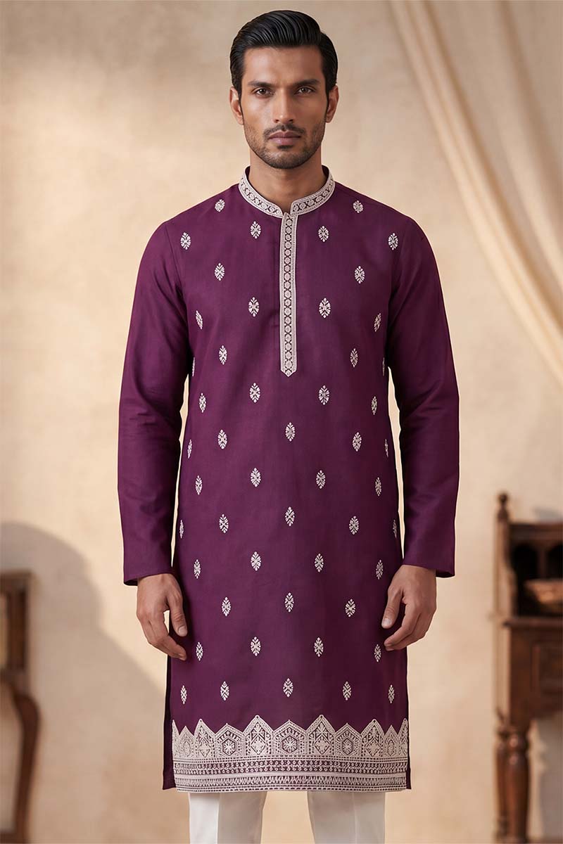 Silk Blend Purple Solid Embroidered Calf Length Straight Kurta With Trousers MKSET2272