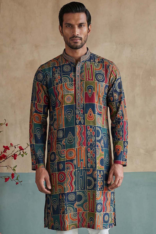 Viscose Rayon Multi Abstract Printed Calf Length Straight Kurta With Trousers MKSET1984