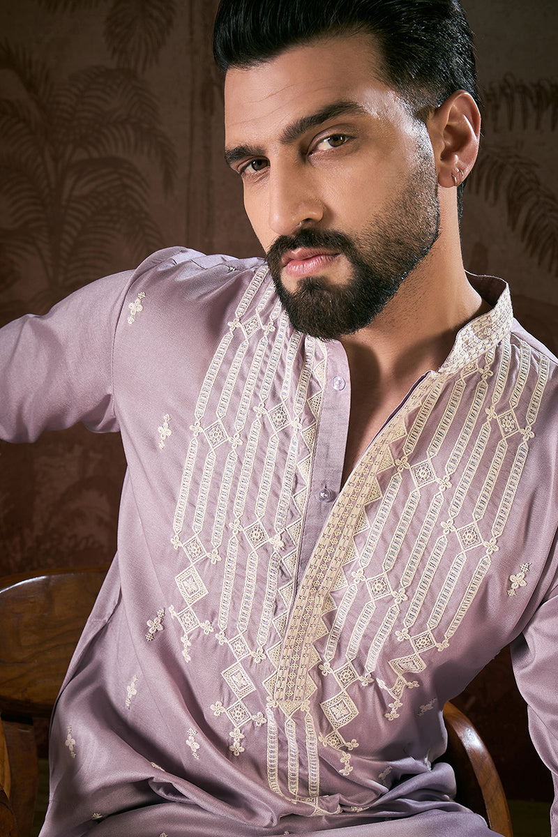 Lavender Silk Blend Solid Embroidered Straight Kurta With Trouser MKSET1880