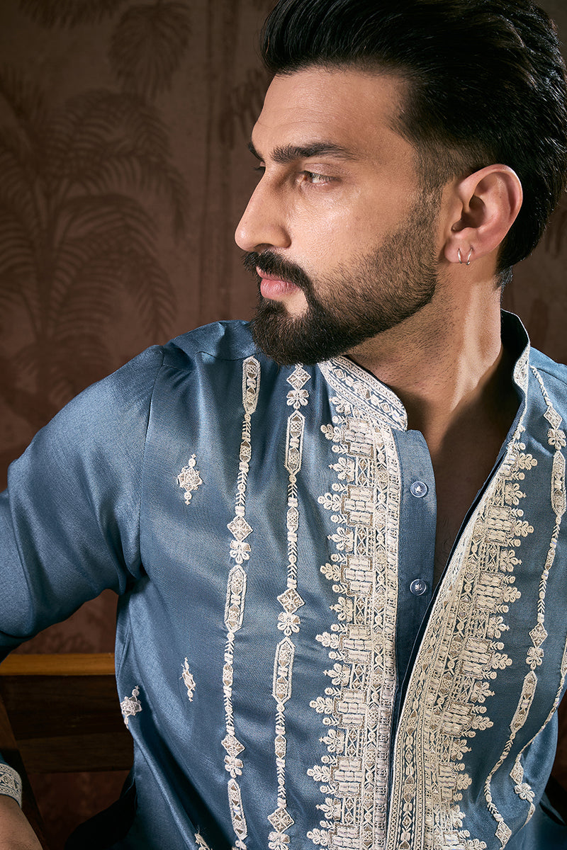 Blue Silk Blend Solid Embroidered Straight Kurta With Trouser MKSET1881