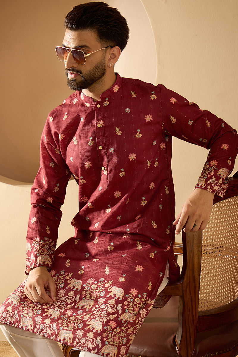 ethnic-bay-mens-maroon-silk-blend-woven-design-calf-length-straight-regular-kurta-with-trouser-mkset2368