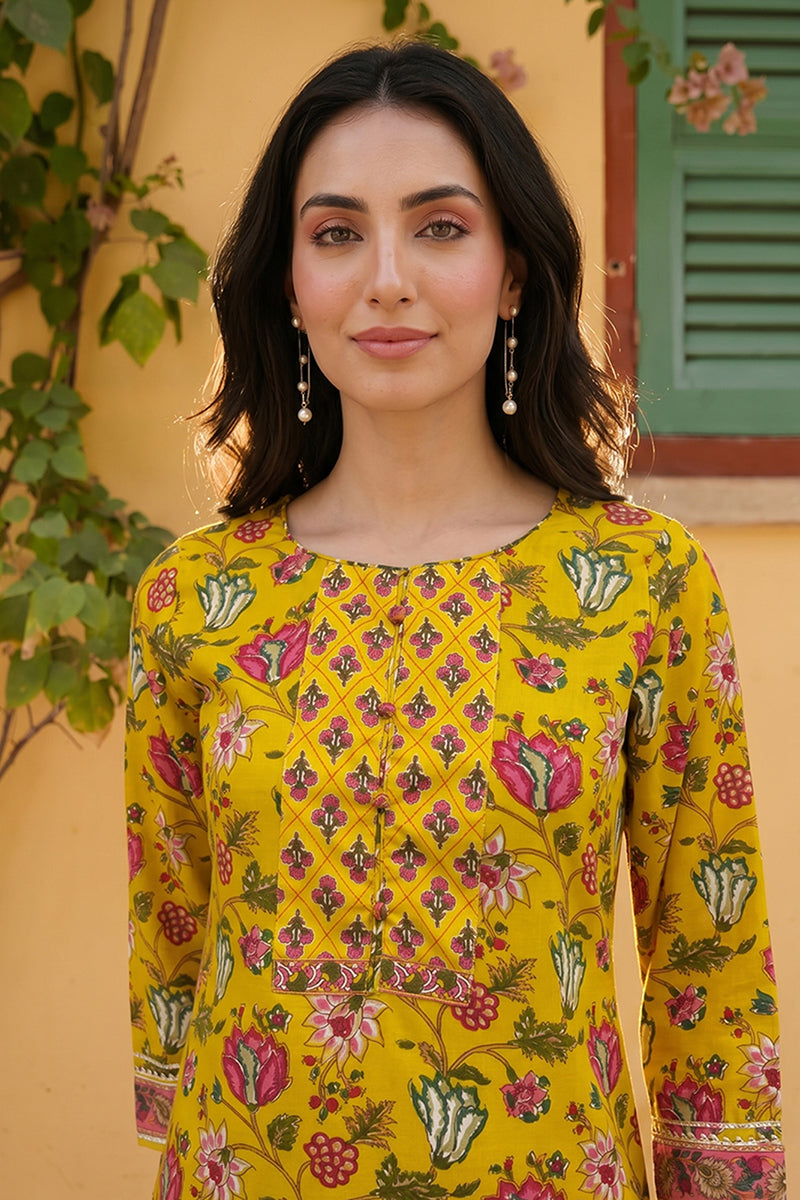 rayon yellow floral digital printed regular kurta vck9820