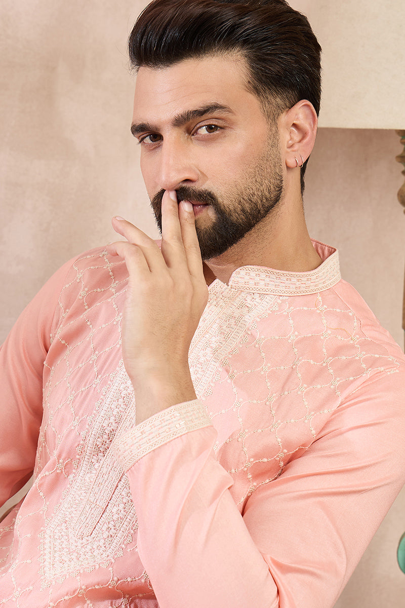 Pink Silk Blend Ethnic Motifs Embroidered Straight Kurta With Trouser MKSET1692