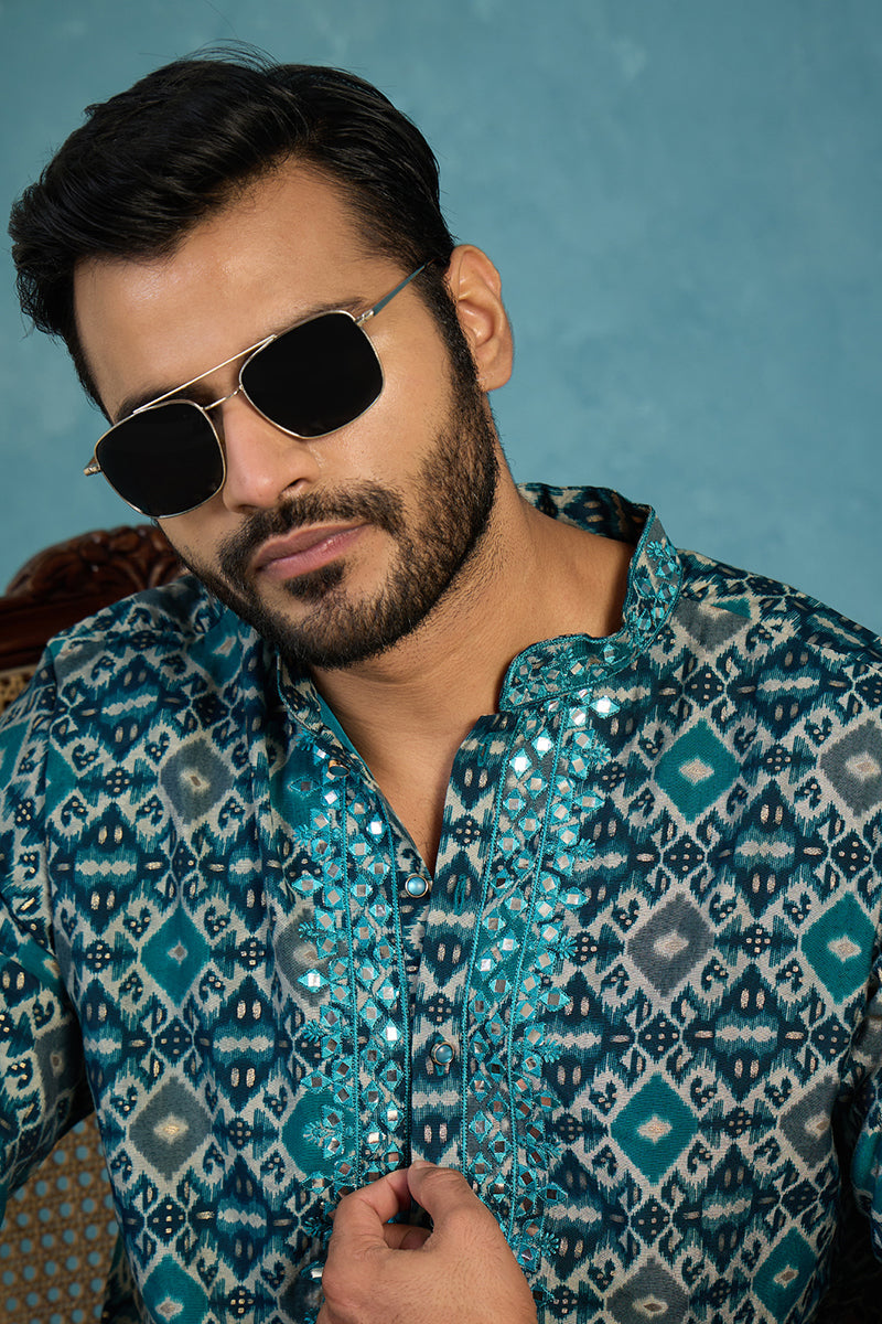 Mens Sea Green Silk Blend Ethnic Motifs Ikat Printed Kurta MKU1893
