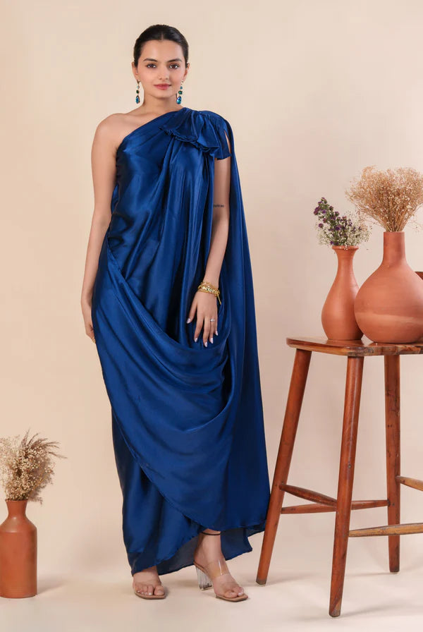MUSH - Women Stylist Maroon Red One Shoulder Pleated And Drape Style Satin Gown