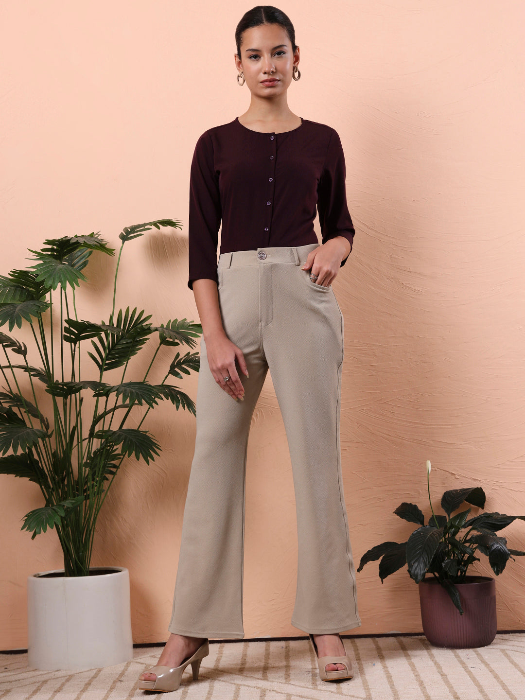 women smart mandarin collar solid polyester shirt