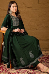green cotton embroidered anarkali suit set