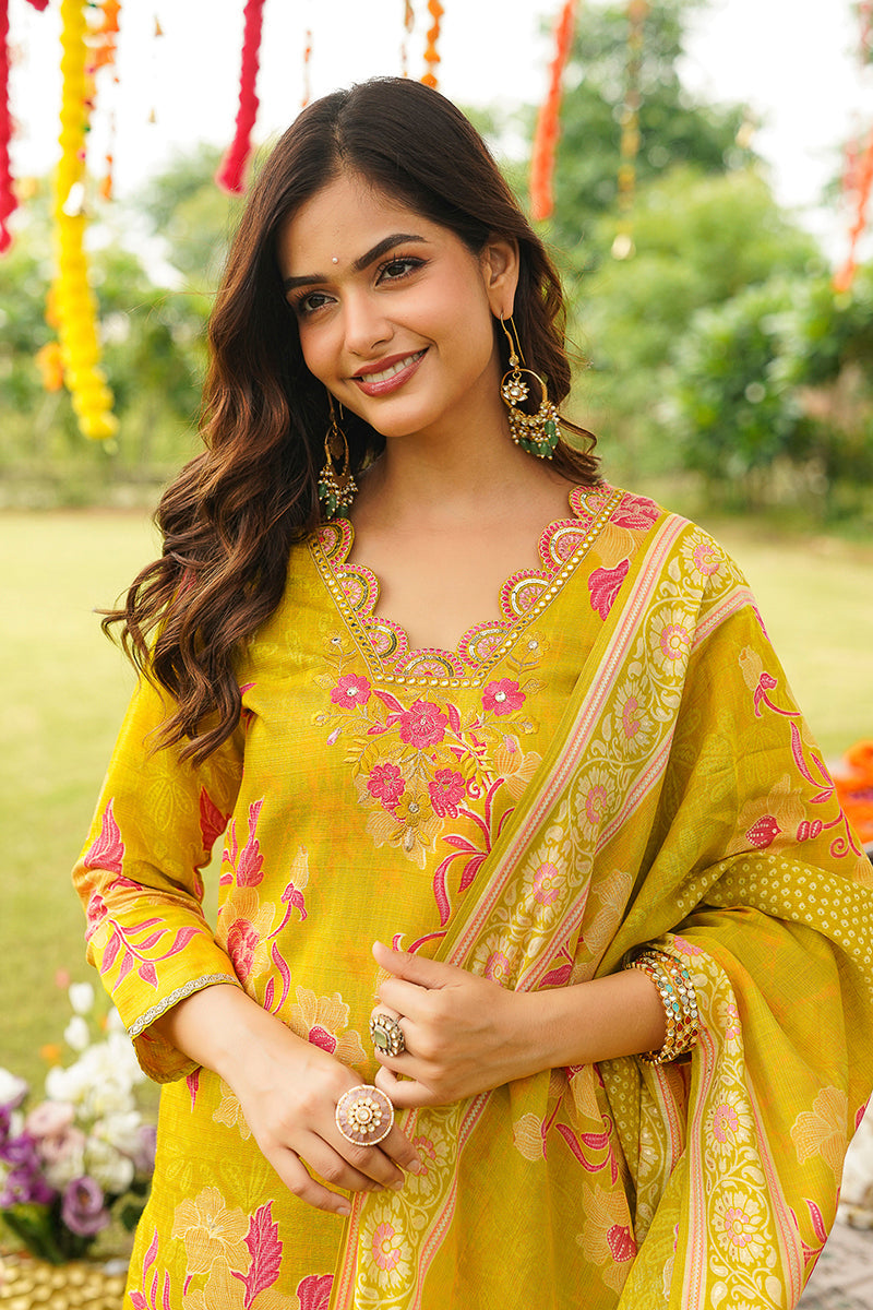yellow viscose rayon floral embroidered straight kurta trousers with dupatta pkskd3052