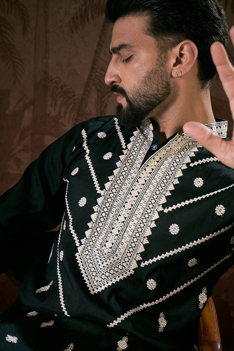 Black Silk Blend Solid Embroidered Straight Kurta MKU1886