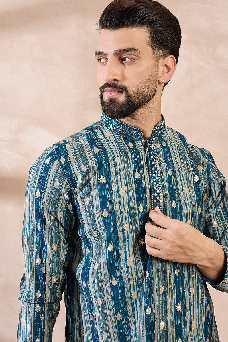 Turquoise Blue Silk Blend Abstract Printed Straight Kurta MKU2005