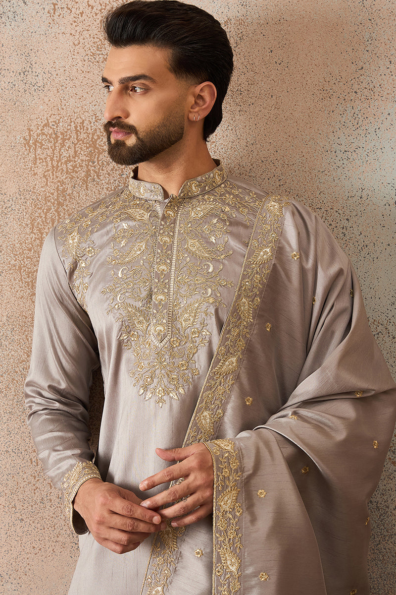 Men Grey Silk Blend Embroidered Ethnic Kurta with Dupatta MKUD1044