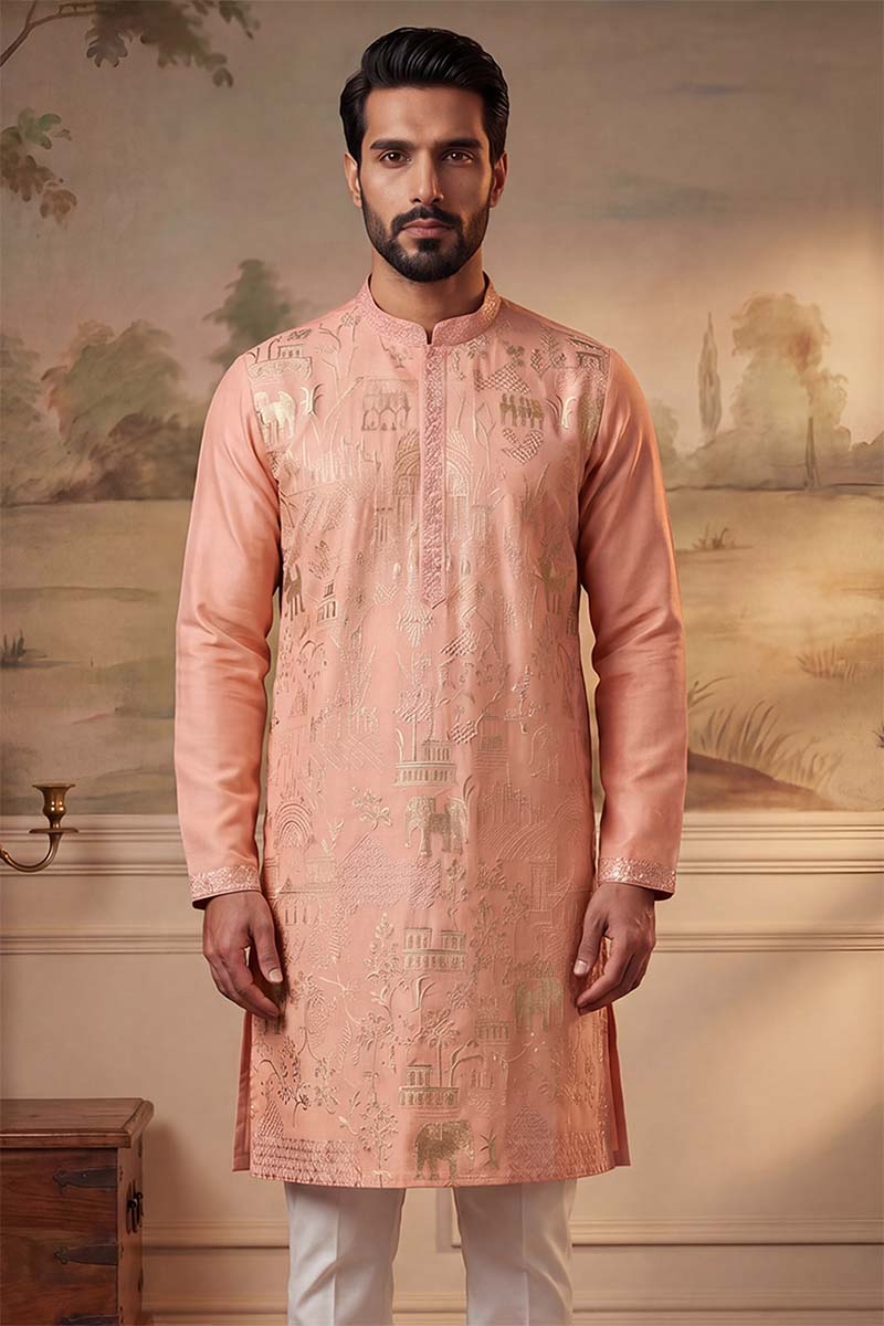 ethnic-bay-mens-peach-viscose-rayon-solid-embroidered-kurta-with-trousers-mkset2092