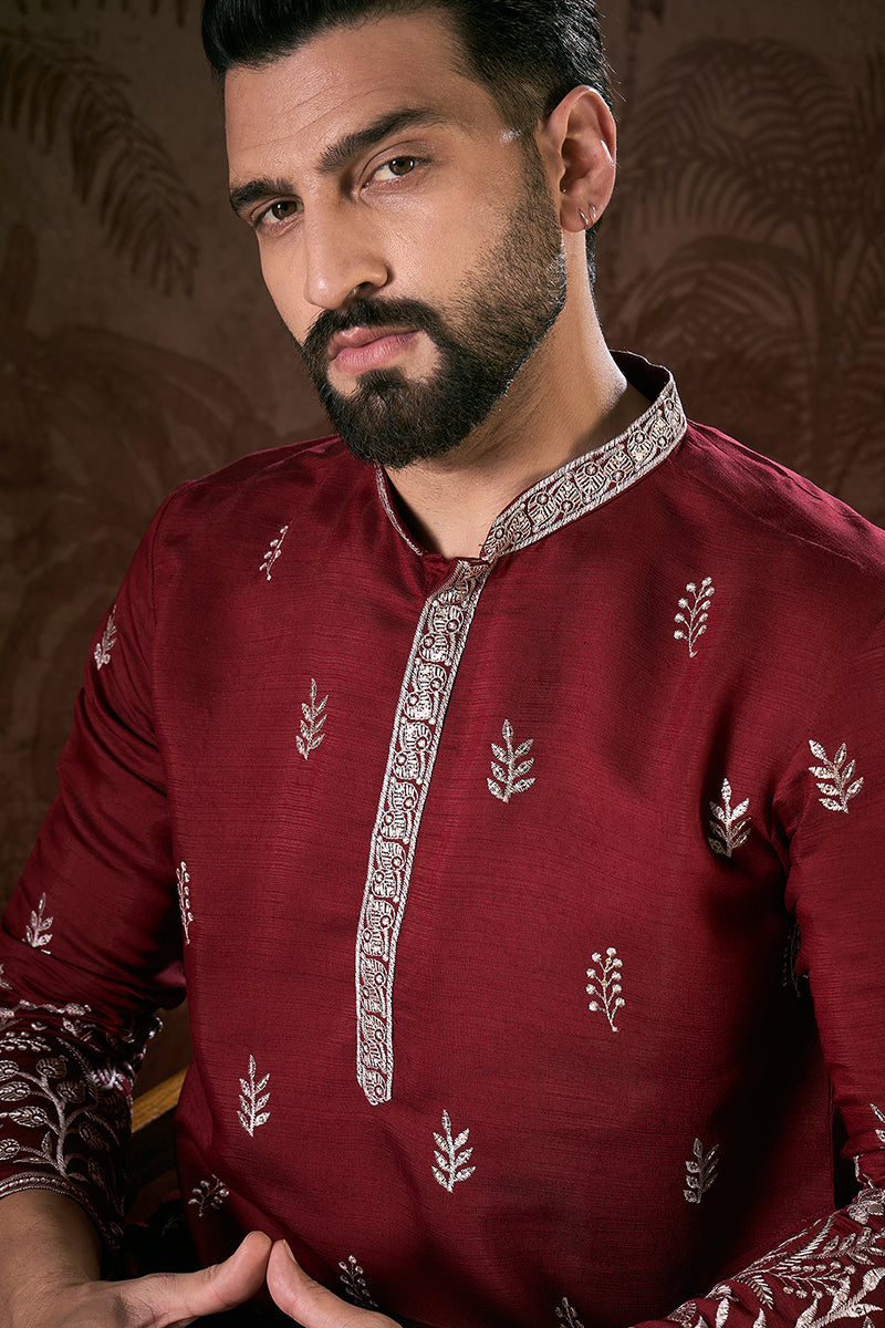 Maroon Silk Blend Solid Embroidered Straight Kurta With Trouser MKSET1945