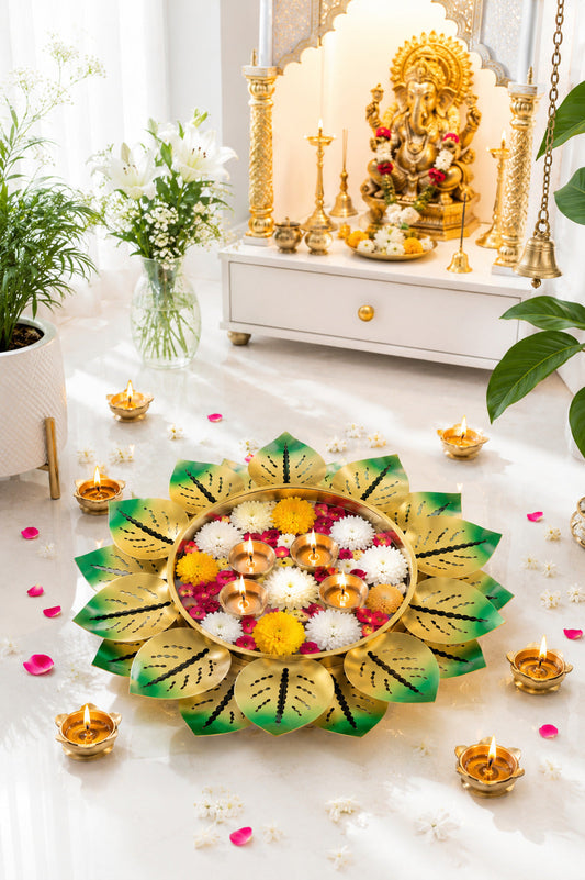 decorative lotus metal urli bowl set for floating flowers candles designer festival home decor set of 3 green gold copy