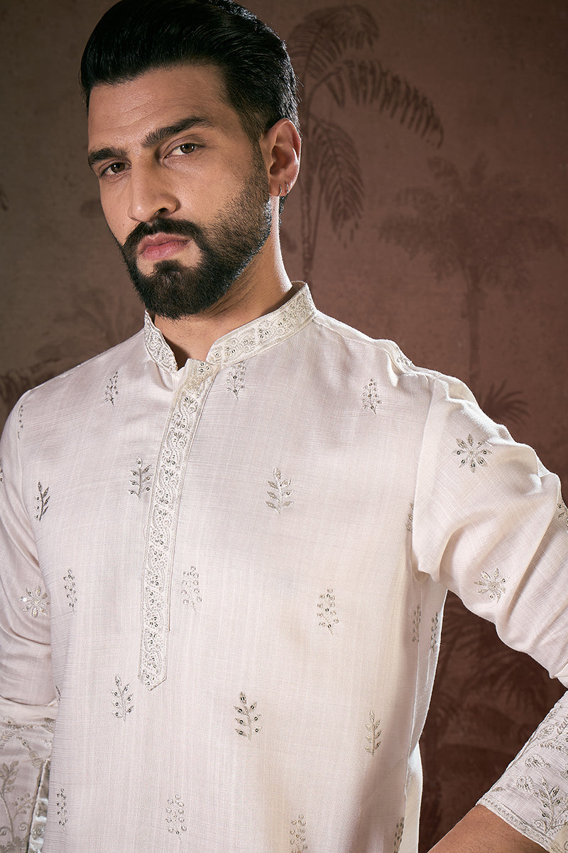 White Silk Blend Floral Embroidered Straight Kurta With Trouser MKSET1784