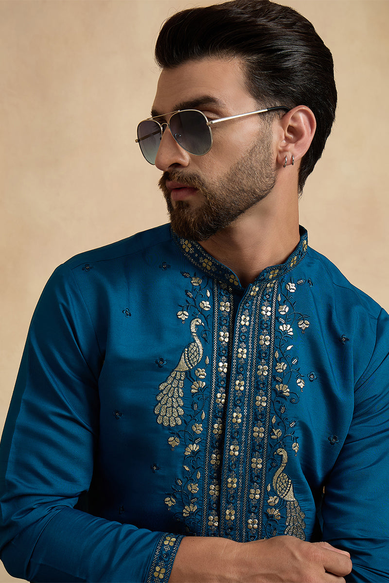 Mens Teal Silk Blend Solid Embroidered Thread Work Kurta MKU2443