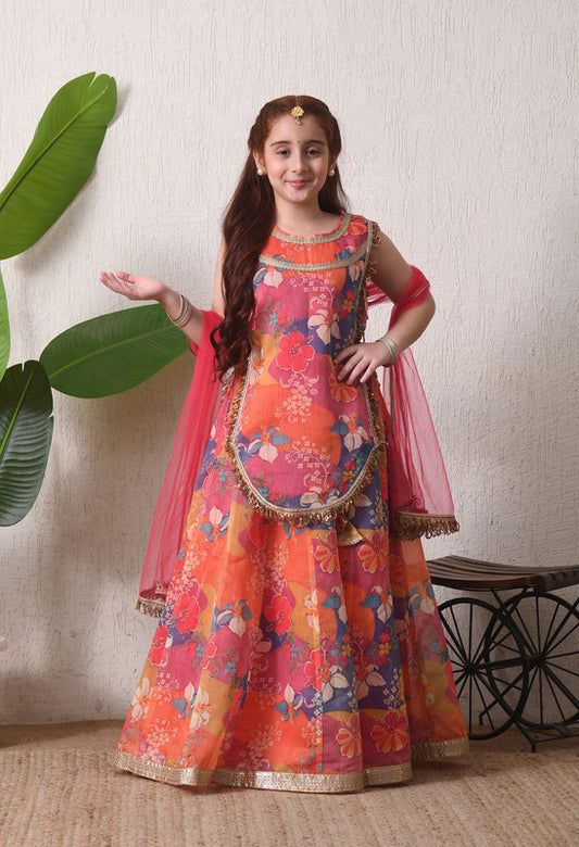 Indi Loom Couture Girls Multi Floral Printed Lehenga Choli with Net Dupatta ILLCD46