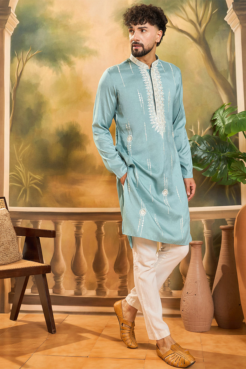 Blue Silk Blend Solid Embroidered Straight Kurta with Trouser MKSET1490