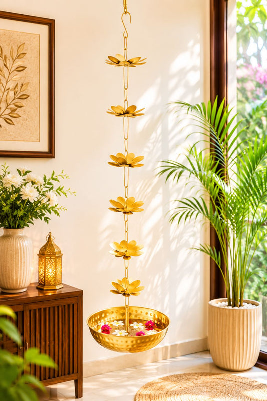 premium hanging lotus urli bowl with decorative flower chain handcrafted metal floating flower bowl for water candles tea lights hanging urli for diwali pooja wedding home decor