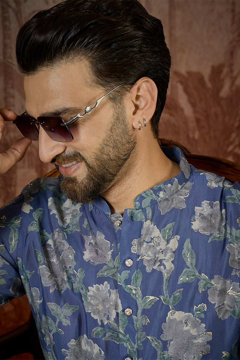 Mens Blue Silk Blend Floral Printed Kurta With Trouser MKSET2567