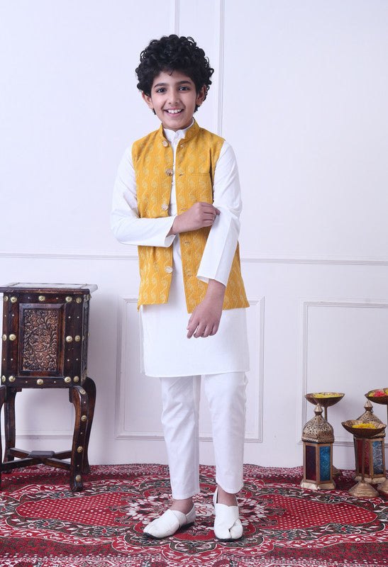Indi Loom Couture Boys White Kurta & Pyjama with Mustard Yellow Dobby Nehru Jacket Set ILBKSJ15