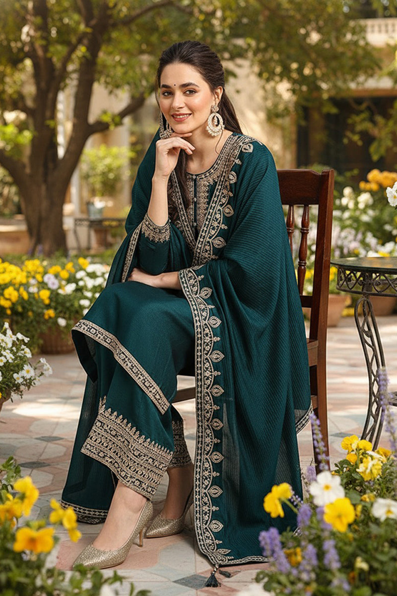 green silk blend solid embroidered straight suit set pkskd2261