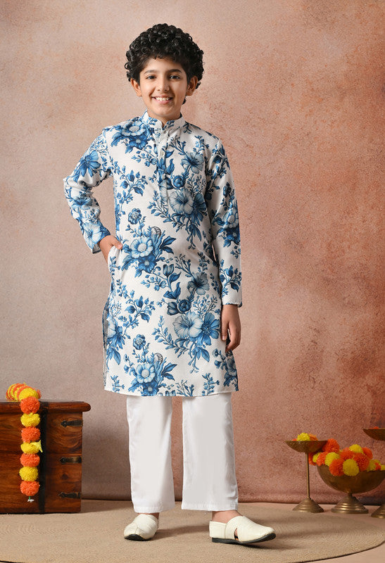 Indi Loom Couture Boys White & Blue Floral Printed Kurta with White Pant Set ILBKS58