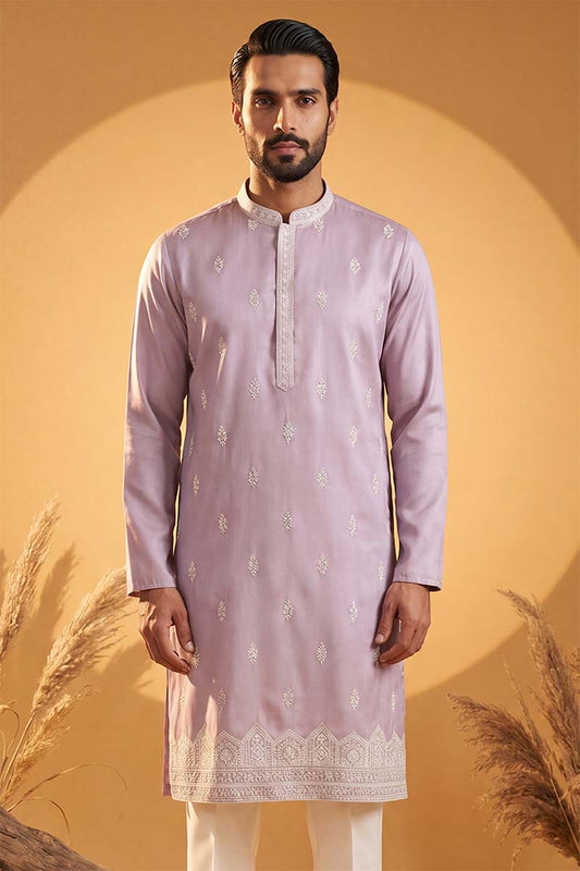 Mens Lavender Silk Blend Solid Embroidered Kurta With Trousers MKSET2269