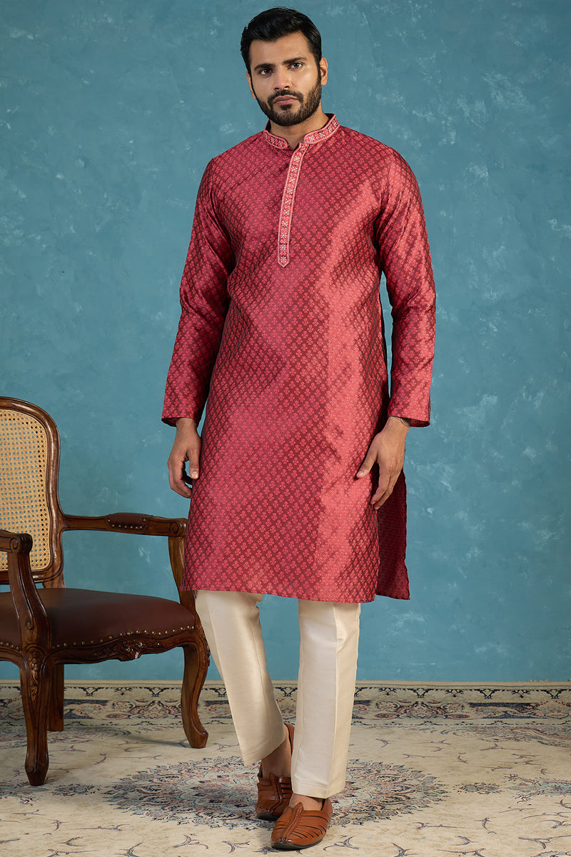 Mens Maroon Jacquard Woven Design Straight Kurta MKU2342