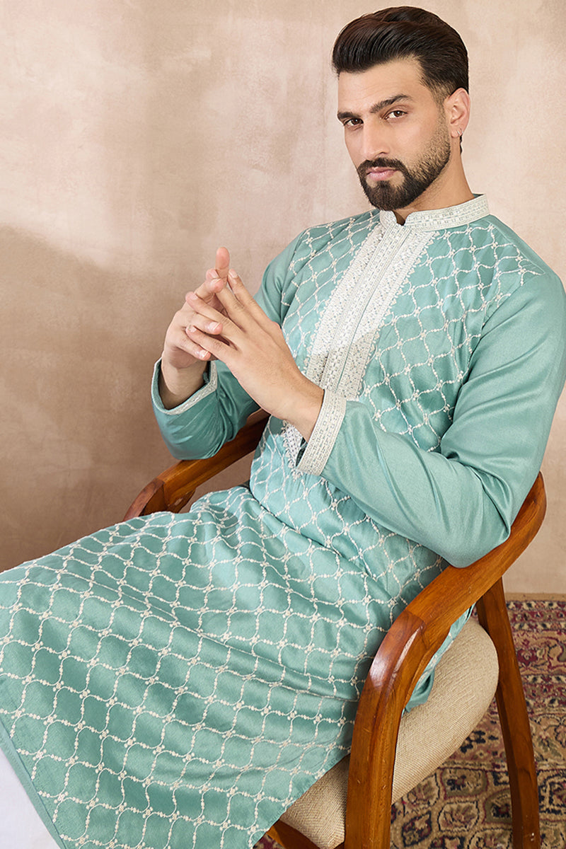 Teal Silk Blend Geometric Embroidered Straight Kurta With Trouser MKSET1693