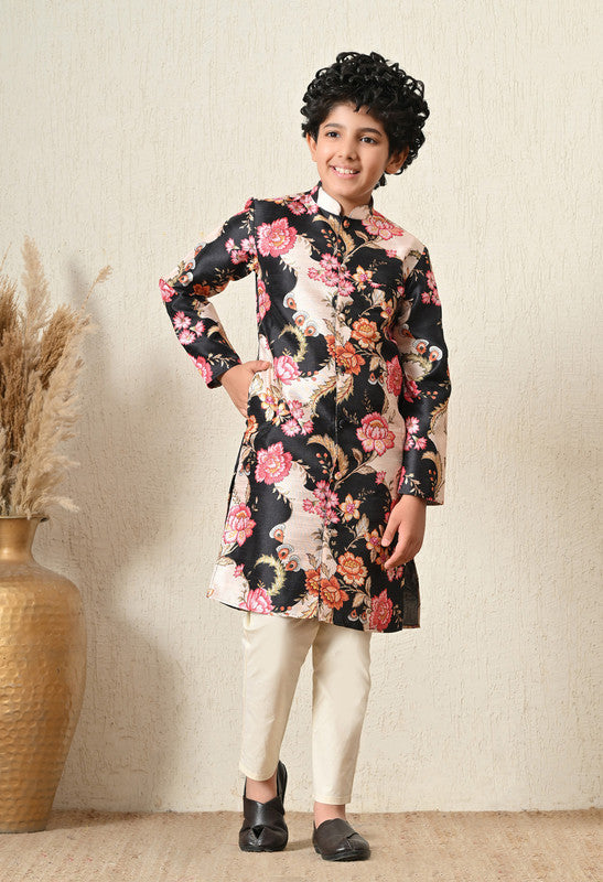 Indi Loom Couture Boys Black Floral Printed Blazzer Kurta with Off White Pyjama Set ILBKS45