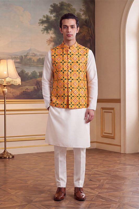 Mens Yellow Silk Blend Patola Print Mandarine Collar Koti MKOT1050