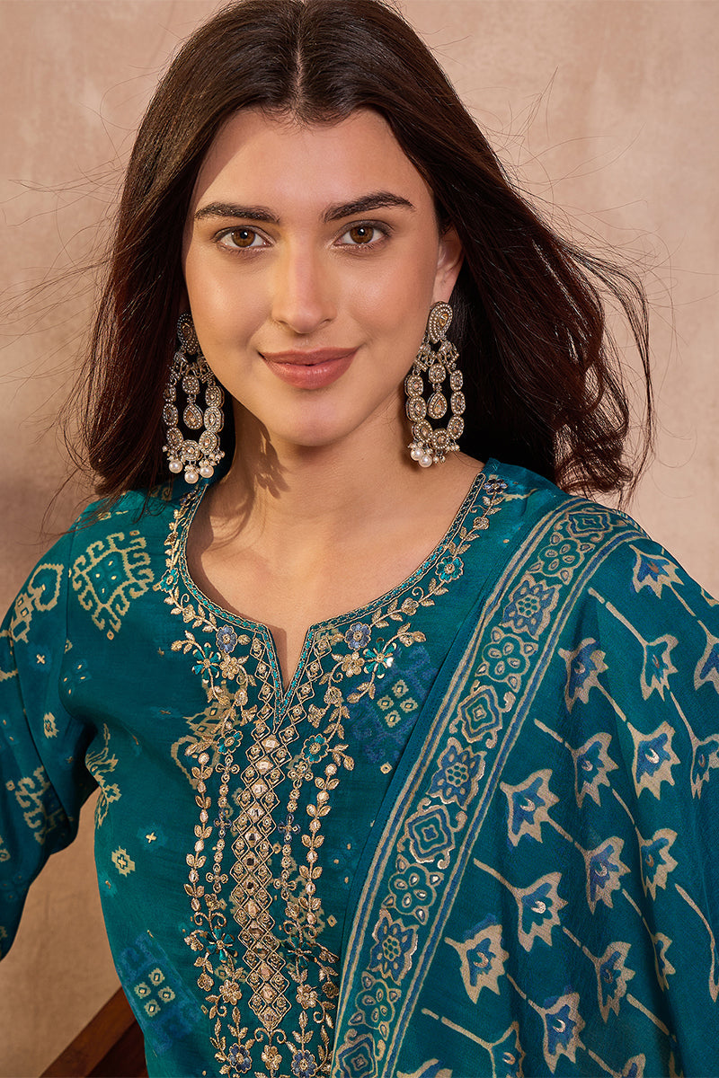 silk blend ethnic motifs printed blue kurta and trousers with dupatta pkskd3230