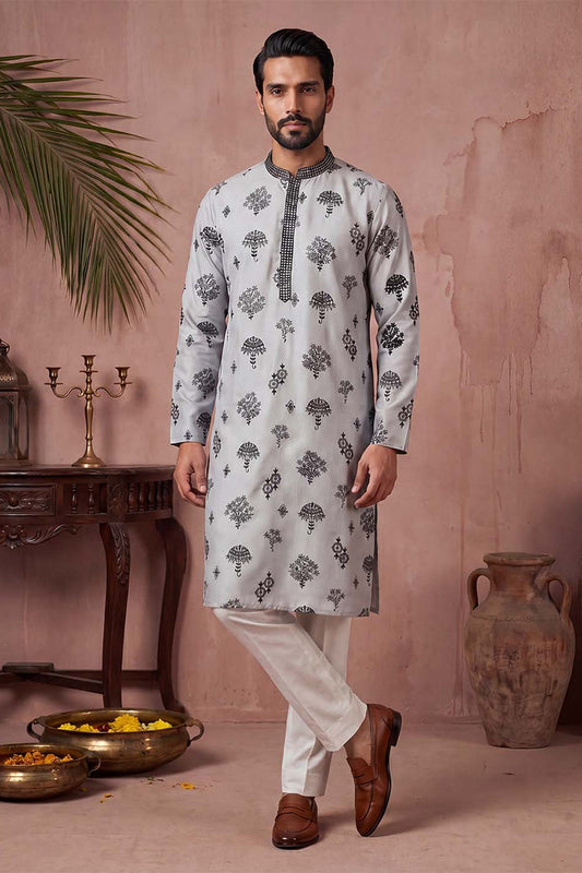 Mens Silk Blend Embroidered Solid Blue Kurta With Trousers MKSET1805