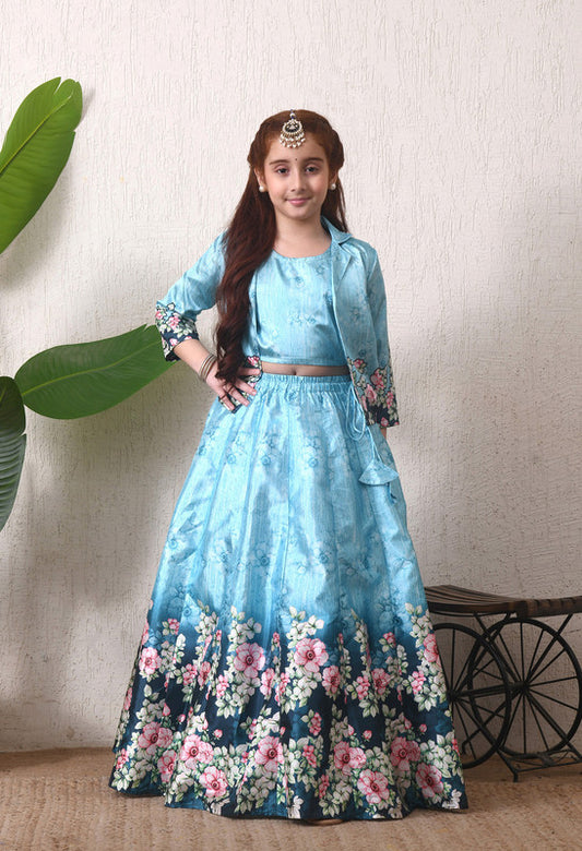 Indi Loom Couture Girls Sky Blue Floral Printed Crop Top with Jacket & Flared Skirt Co Ord Set ILLCJ48