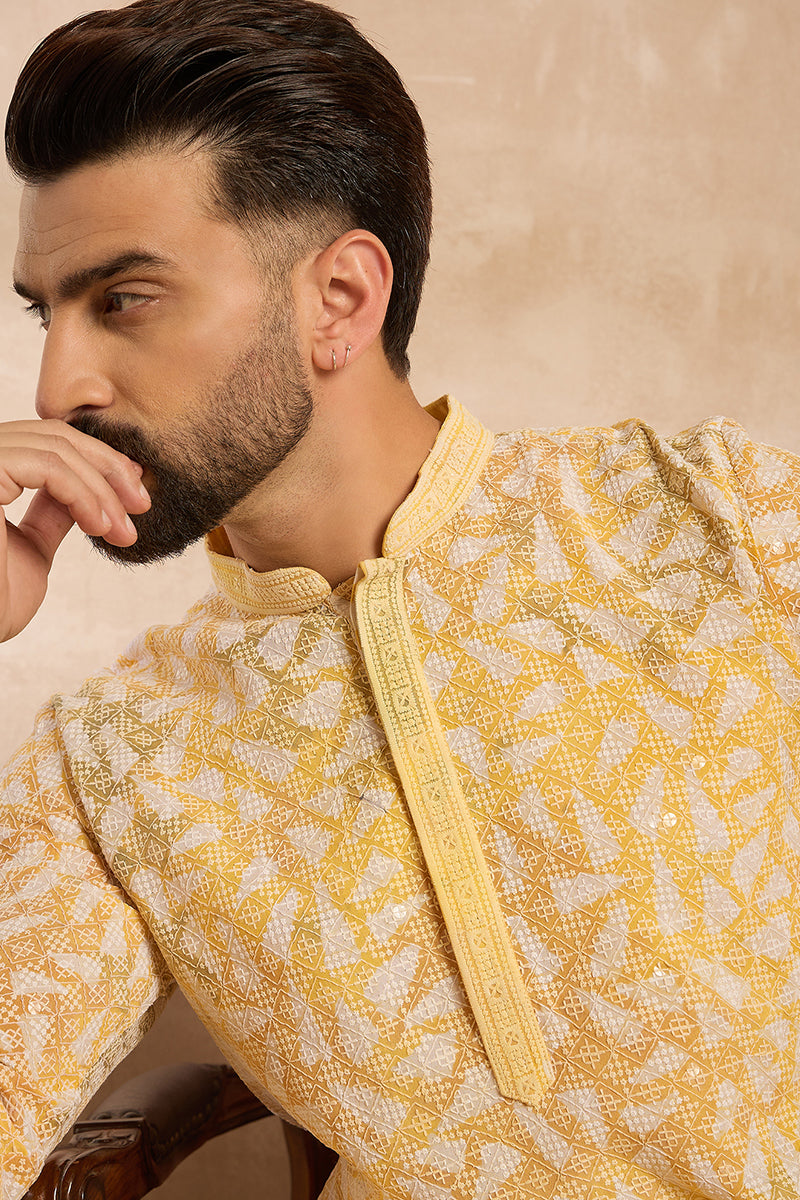 Yellow Viscose Rayon Solid Printed Straight Kurta With Trouser MKSET1657