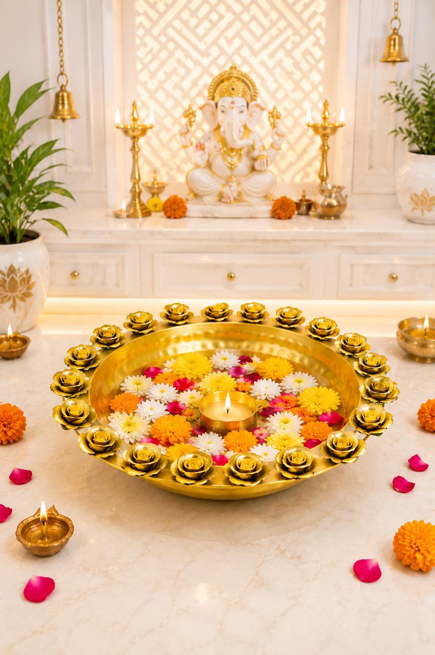 premium metal urli bowl with rose diya holders decorative floating flower urli for water candles tea lights traditional pooja urli for diwali home decor wedding festive decoration
