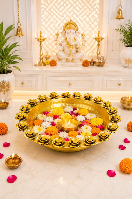 premium metal urli bowl with rose diya holders decorative floating flower urli for water candles tea lights traditional pooja urli for diwali home decor wedding festive decoration