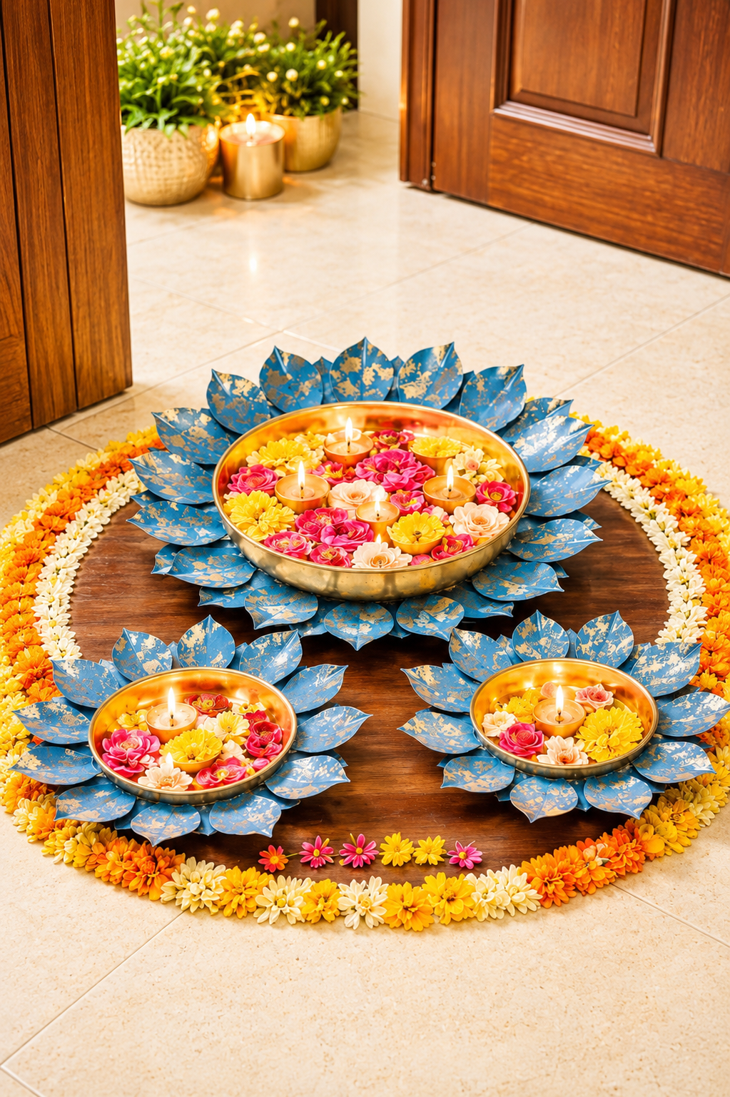 decorative metal urli bowl set with rose border floating flower candle urli for home festival decor set of 3 pink copy