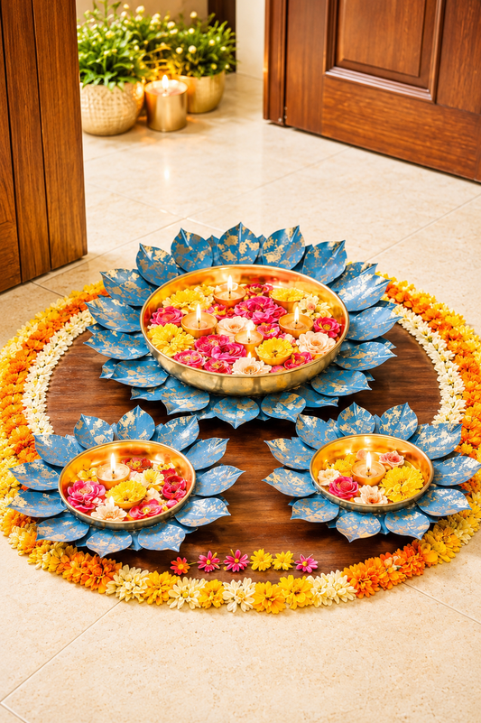 decorative metal urli bowl set with rose border floating flower candle urli for home festival decor set of 3 pink copy